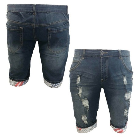Bermuda Uomo Jeans Regolare Corto Shorts Pantaloncino Classico Strappato Denim 